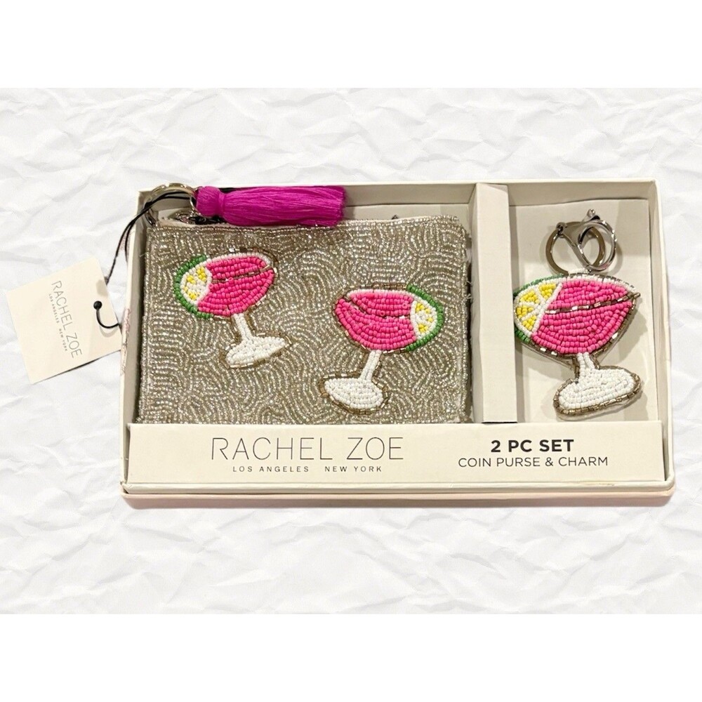 Rachel Zoe 2 Pc Beaded Pink & Silver Margarita Card/Coin Purse & Bag Charm NWT